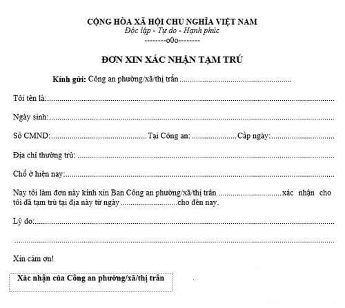đơn xin xác nhận tạm trú mẫu mới